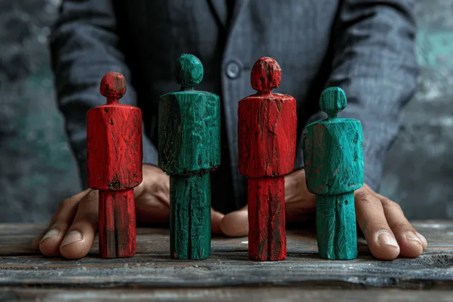 A hand rests between red and green wooden figures to suggest mediation and negotiation during a dispute.