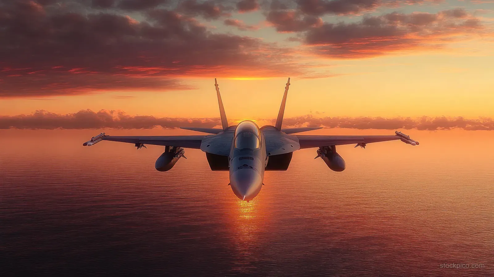 A fighter jet flies low over calm ocean water at sunset, showing wings, nose, and reflection.