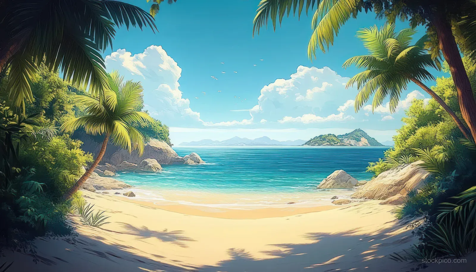 Palm-framed tropical beach cove with turquoise water, white sand, distant islands, and fluffy clouds in a clear blue sky.