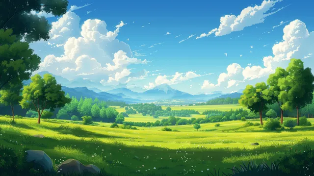 Cartoon green meadow landscape with trees and blue sky clouds