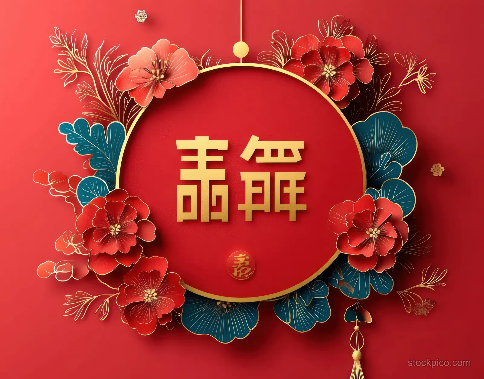 Red and gold Chinese New Year emblem centered on a banner with layered floral and ribbon decorations.