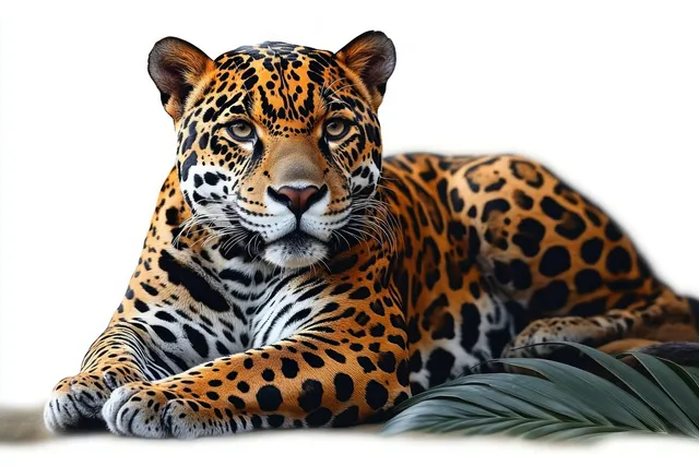 Jaguar resting with orange and black rosette fur and calm eyes beside green leaves on a white background.
