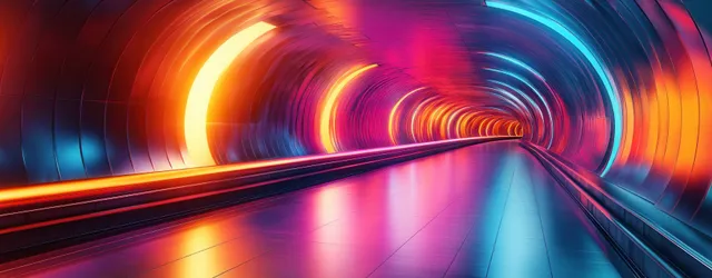 Neon tunnel with swirling light trails creating motion depth and futuristic perspective