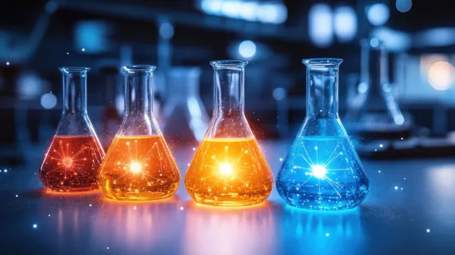 Four lab flasks with orange and blue glowing liquids sit on a reflective bench inside a science lab.
