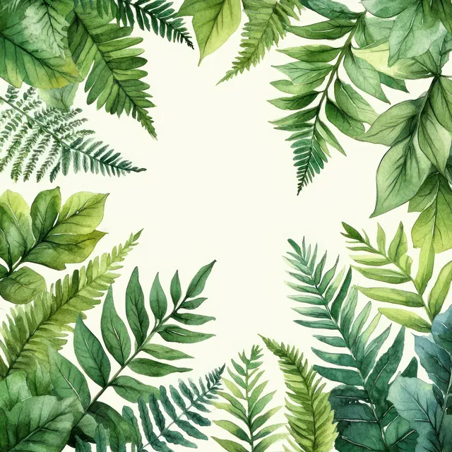 Watercolor botanical leaf frame with layered green ferns and spring foliage on cream background