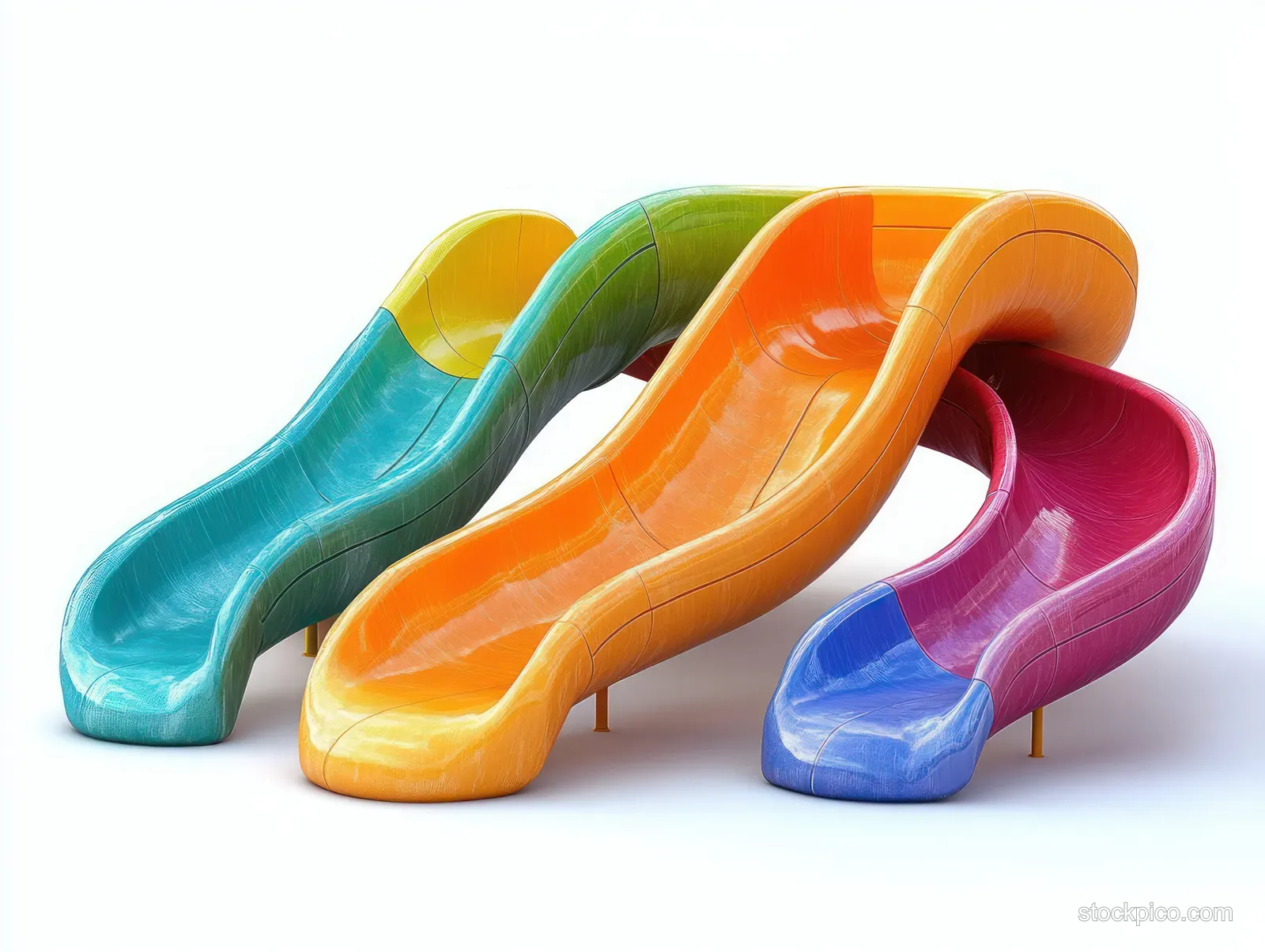 Three glossy curved playground slides in blue, green, orange, yellow, red, and purple on a white background.