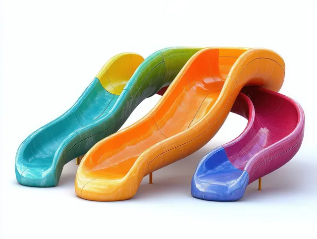 Three colorful curved playground slides with glossy surfaces arranged on a white background