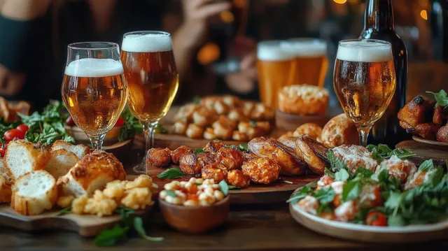 Craft beer glasses over a wooden table with roasted appetizers, bread bites, nuts, and a salad bowl in warm light.