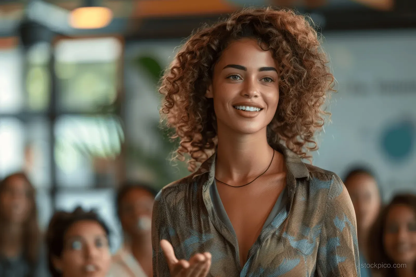 Smiling woman speaks to an audience in an office seminar room.