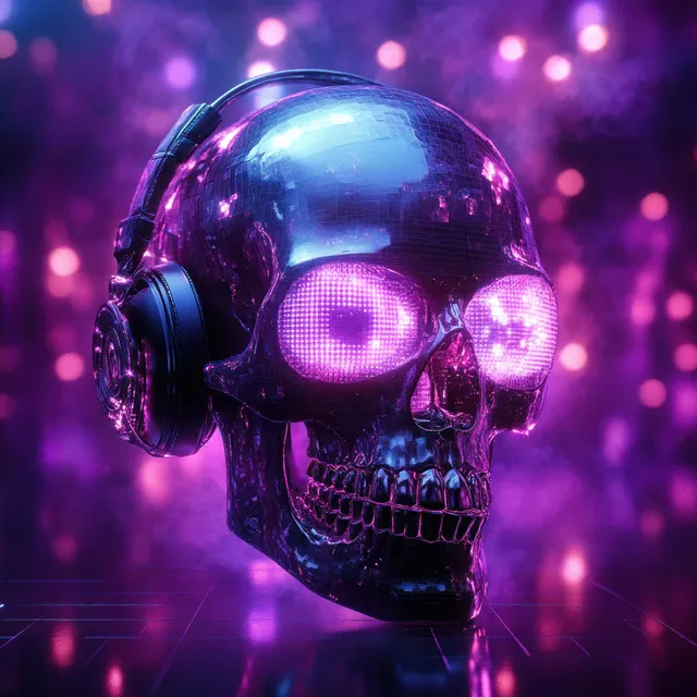 Neon chrome skull wearing over-ear headphones with glowing reflections in purple disco light haze.