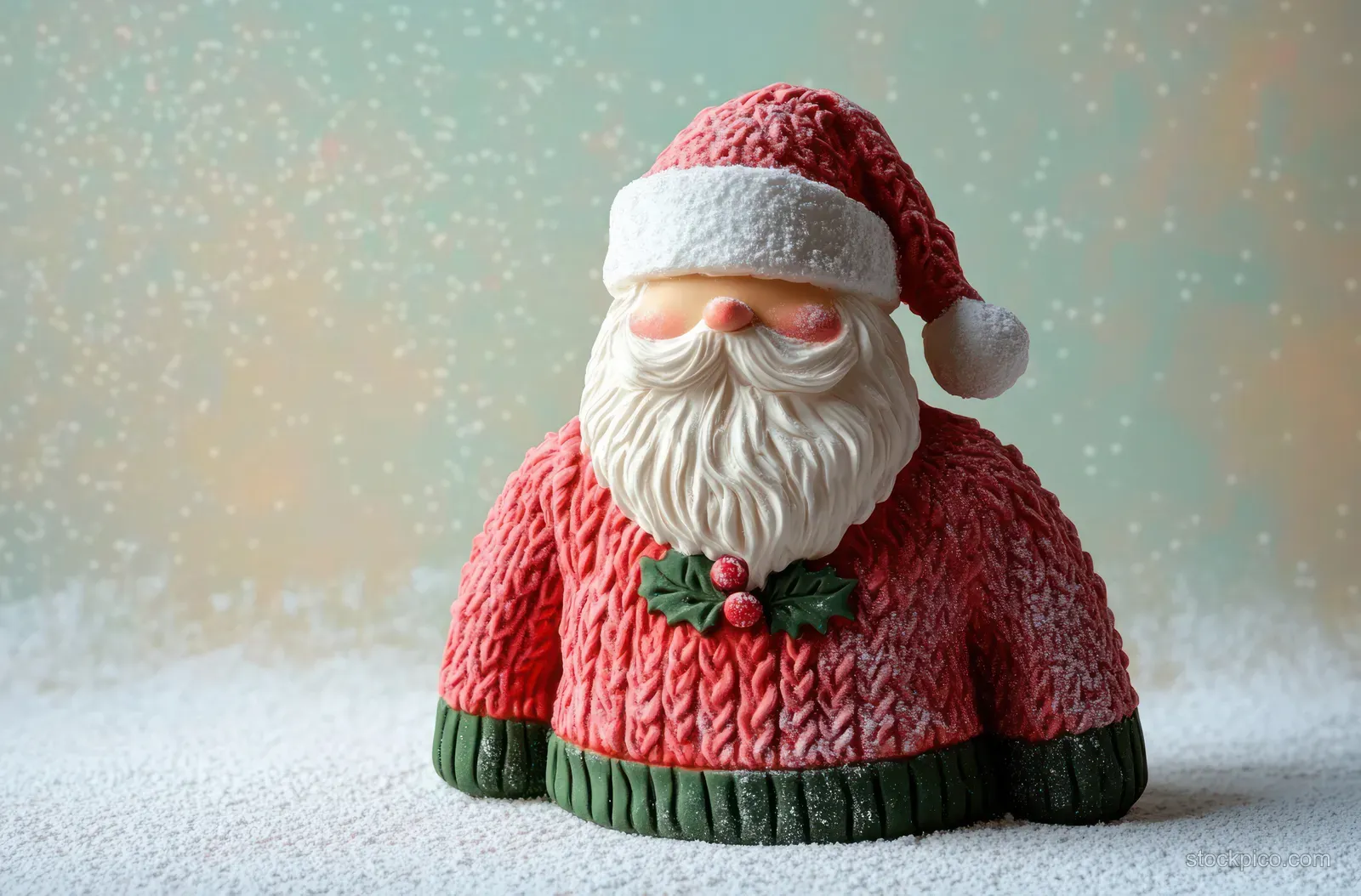 Santa Claus figurine in a red knit sweater and hat, dusted with snow against a glittery winter background.