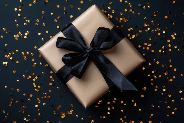 Wrapped gift box with black ribbon on a dark table, scattered with golden confetti.