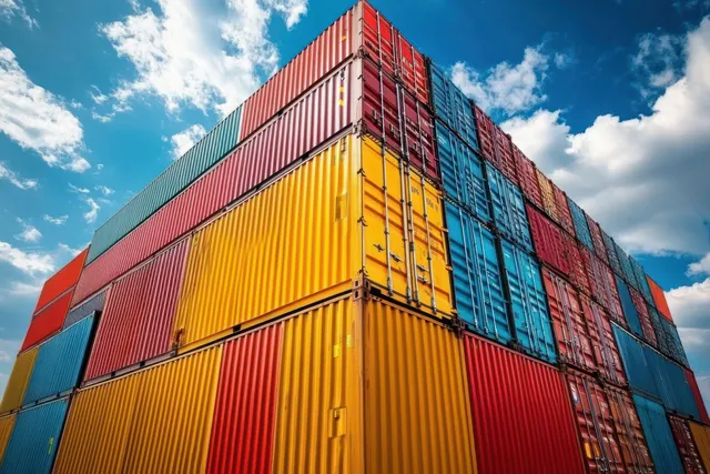 Colorful shipping containers stacked in a geometric pattern outdoors beneath a partly cloudy blue sky.