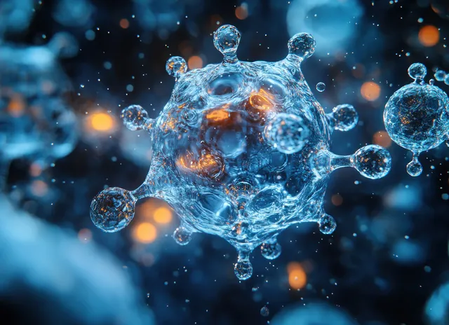 Water molecule cluster and glowing skincare droplet above blue skin cell background