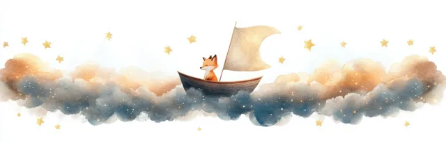 A fox sailor steers a small boat through fluffy pastel clouds with sparkling stars above.