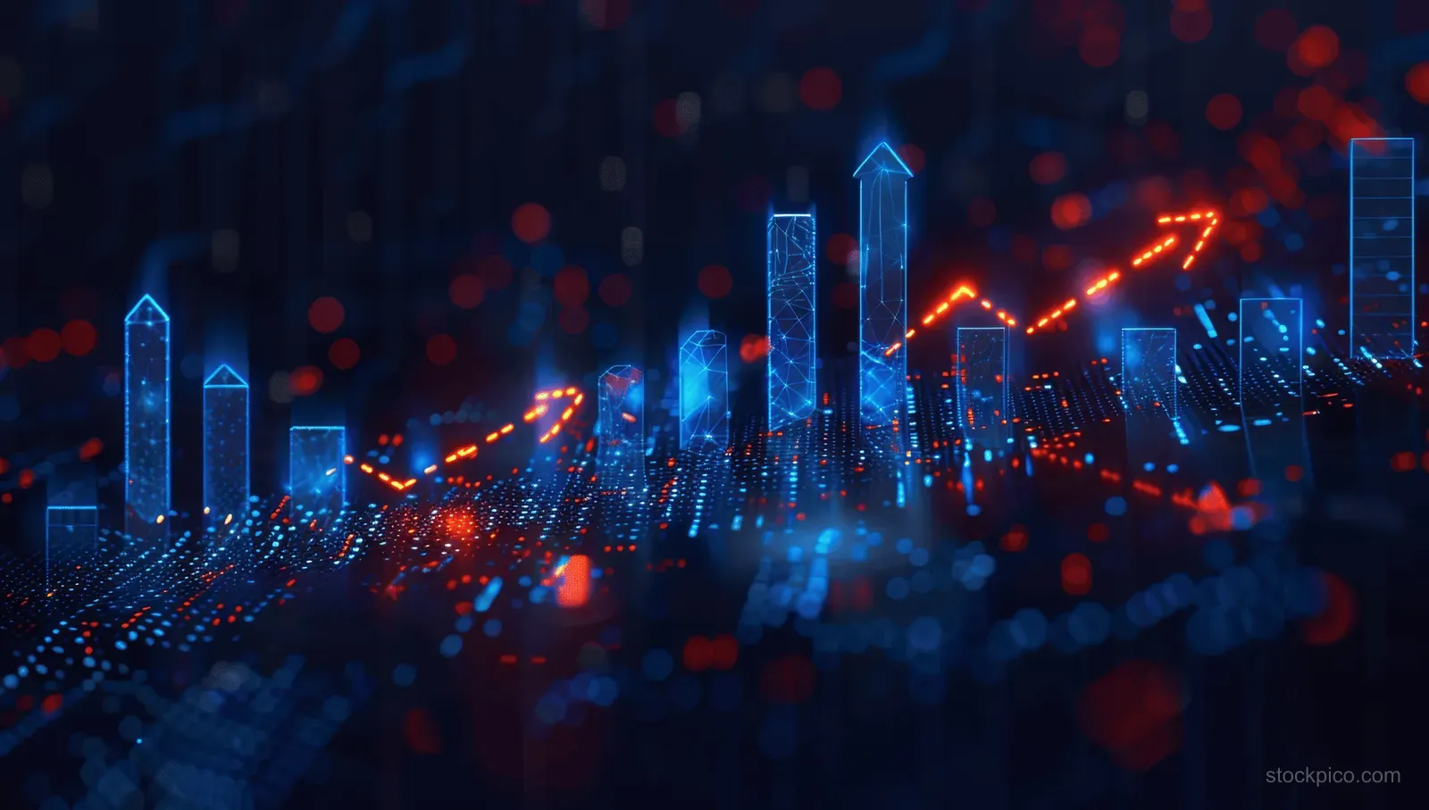 Neon stock chart bars and dotted data points rise over a dark trading screen backdrop.