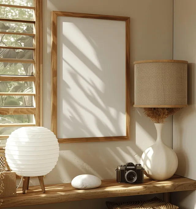 Wooden picture frame above shelf with vintage camera, pebble lamp, and window light