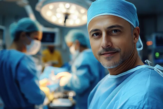 Surgeon in blue scrubs and cap faces the camera in an operating room while medical team members work behind.