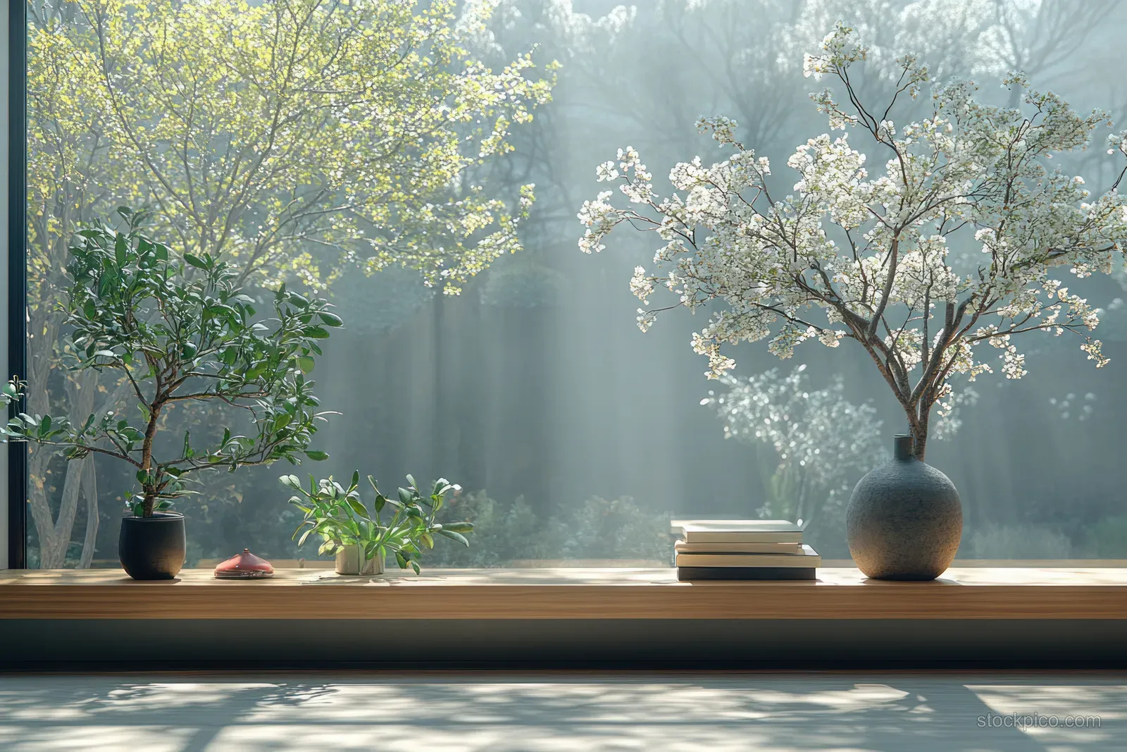Two closed blank books on a wooden windowsill with misty light and flowering branches in the background.
