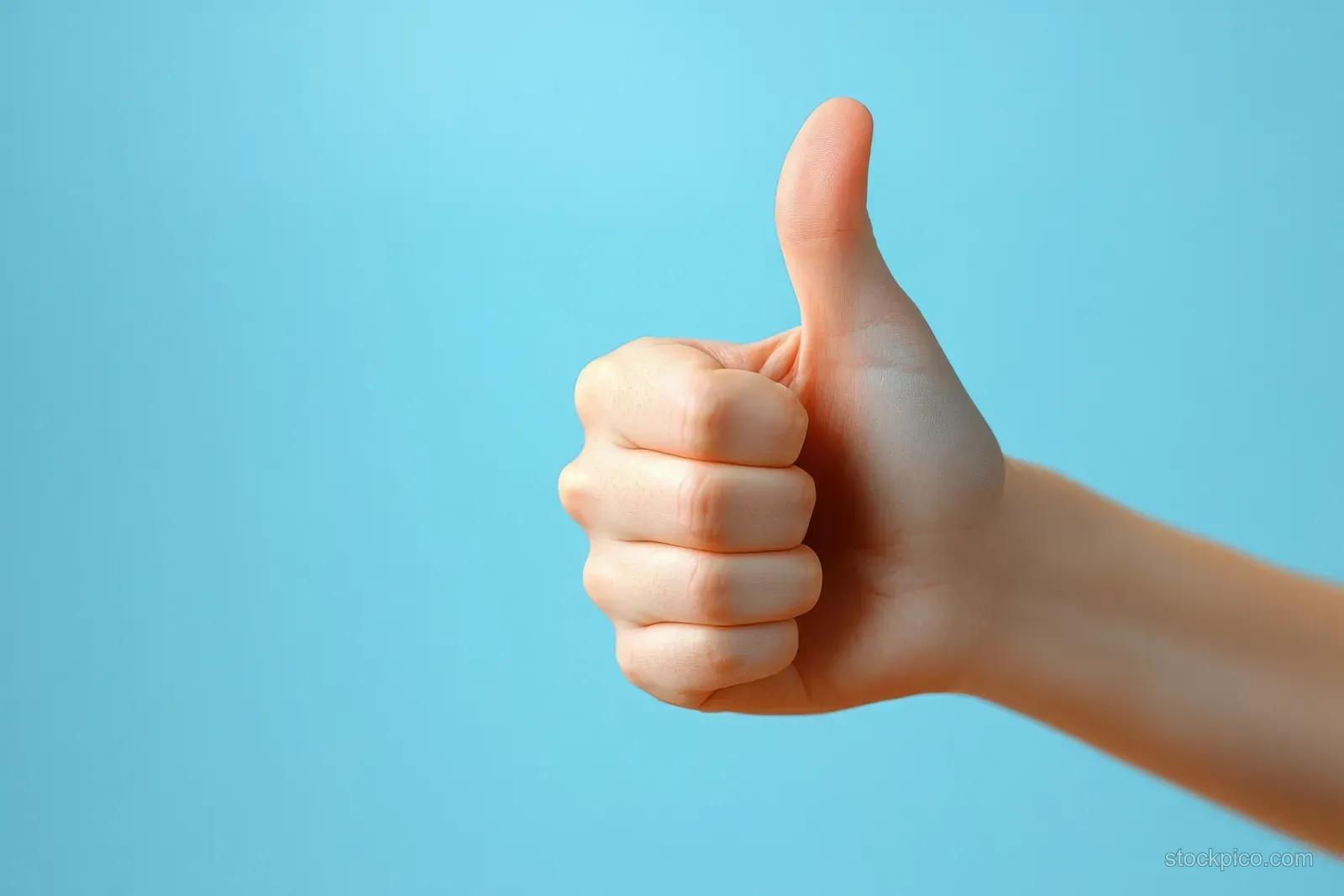 A closeup thumbs up hand gesture in front of a pastel blue background.