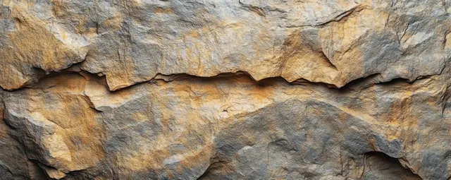 Close-up of cracked rocky stone surface with gray and yellow mineral layers and weathering