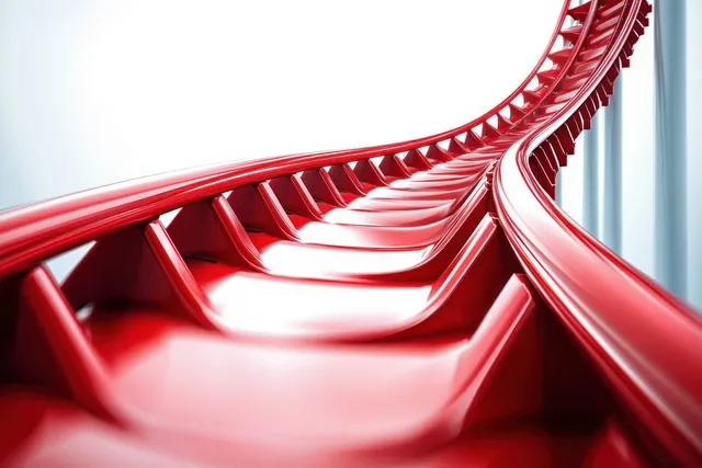 Close-up of a shiny red roller coaster track curving upward with looping rails against a pale background.