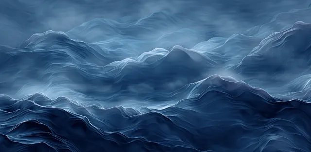 Dark blue ocean waves rolling across a deep gradient sea with misty fog