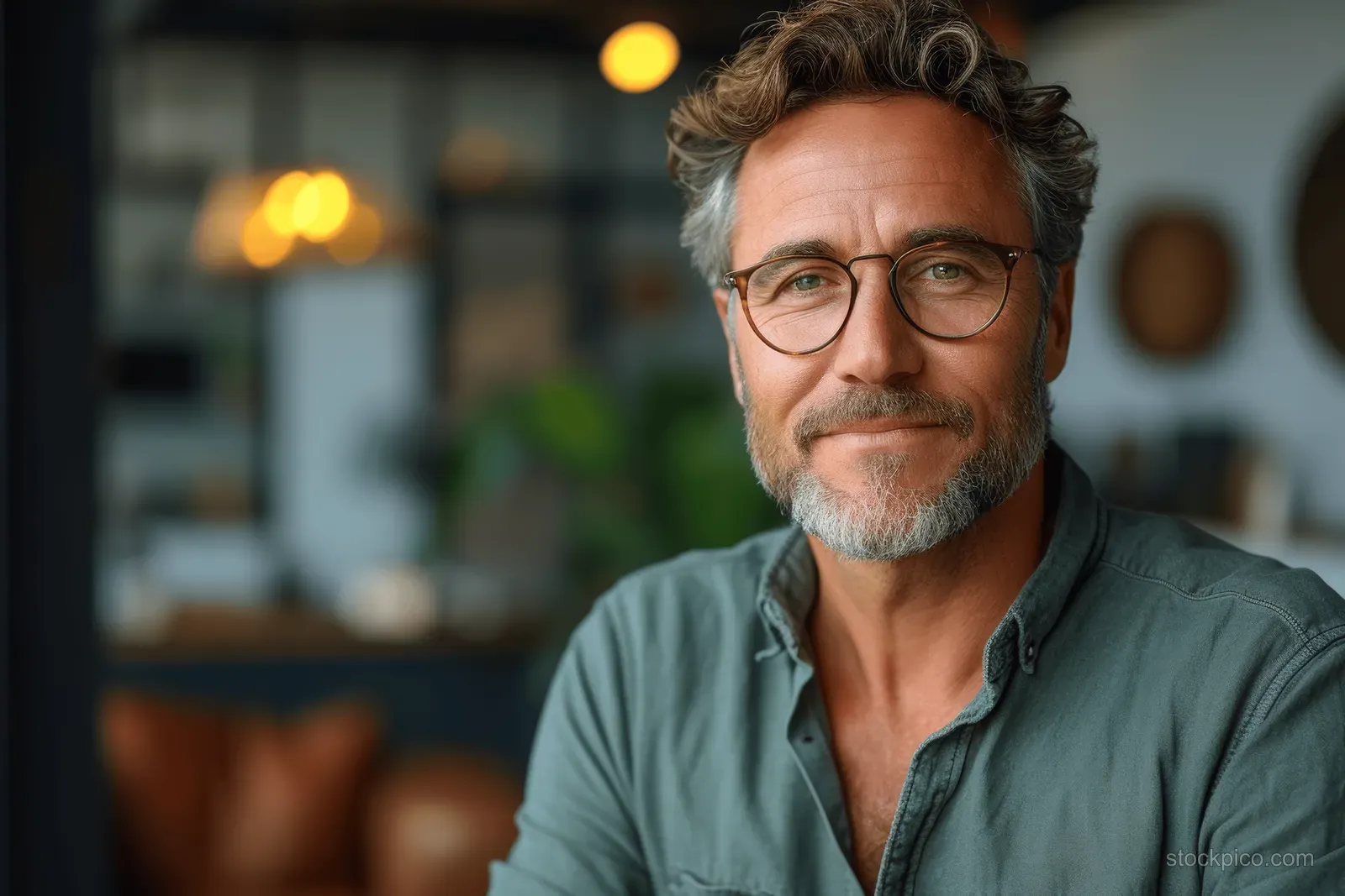 Smiling middle-aged man with glasses seated in a modern office with warm blurred lights behind him.