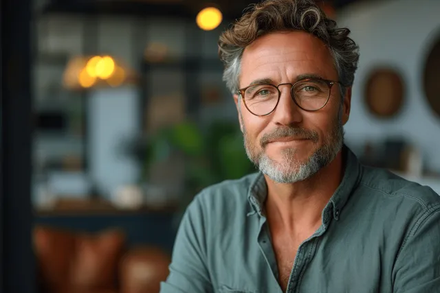Smiling middle-aged businessman with glasses sitting in modern office, warm lighting behind