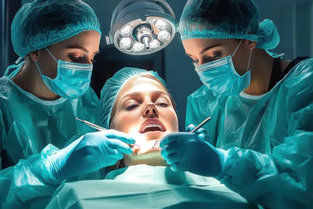 Two surgeons in surgical masks and gloves perform a dental procedure under a bright overhead surgical lamp.