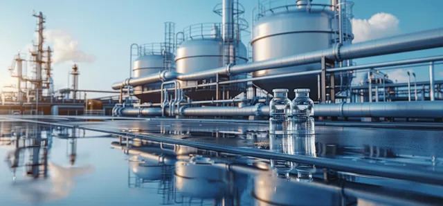 Hydrogen energy plant with steel tanks and a dense pipe network reflected on the wet ground.