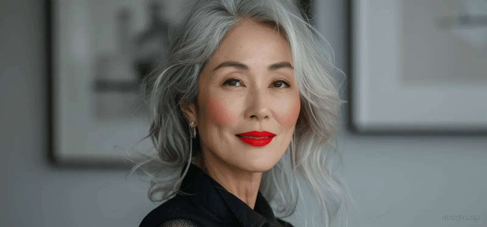 Mature Asian woman with gray hair and red lipstick smiling in a skincare portrait against a clean light background.