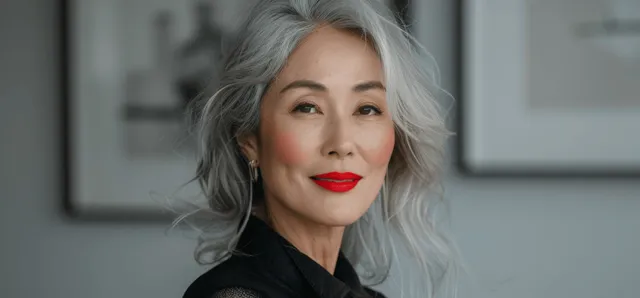 Smiling mature Asian woman with gray hair and red lipstick in skincare portrait lighting
