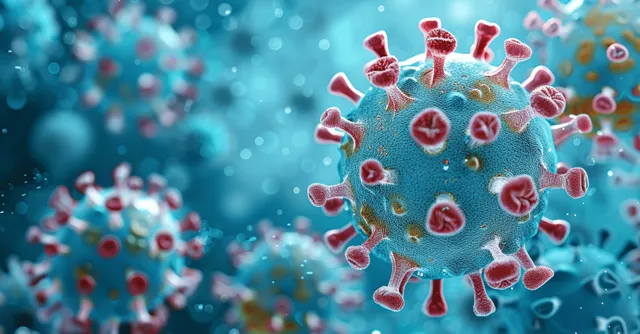 Coronavirus-like particles with red spikes floating in a blue microscopic scene.