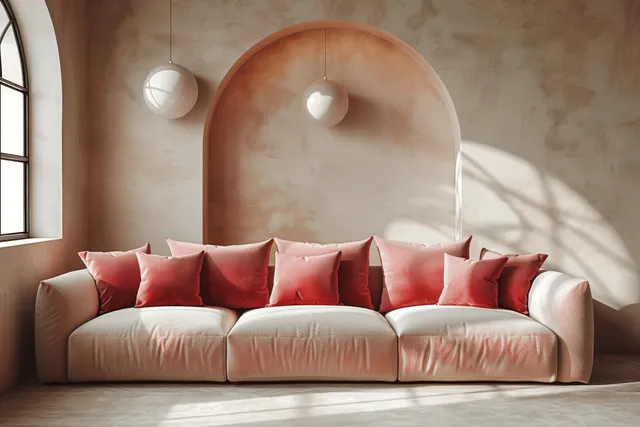 Beige living room with a sofa stacked with pink pillows, framed by an arched wall and round pendant lights.