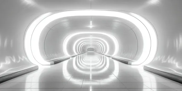 A glowing white futuristic corridor tunnel with metallic walls and curved light arches fading toward a vanishing point.