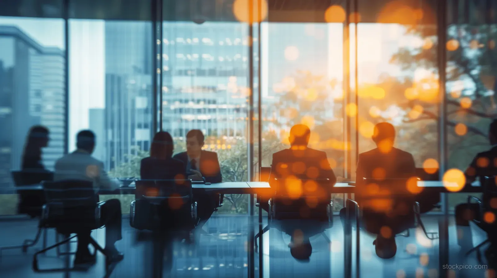 Defocused people gather around a boardroom table while city lights show through large window panes.