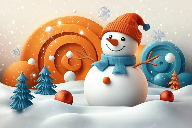 Cheerful snowman waving in snowy flat illustration with colorful winter trees and falling snowflakes behind.