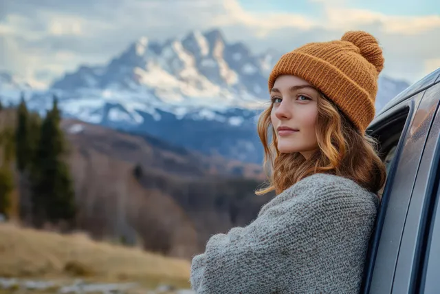 Young woman in a knit beanie leans on a car, facing snowy mountain peaks
