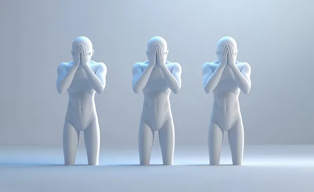 Three faceless abstract figures stand side by side, each covering their face under cool blue light in a minimalist studio.