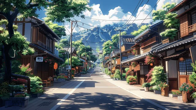 Quiet Japanese town street lined with traditional houses, warm lanterns, and distant mountains beneath a blue sky.