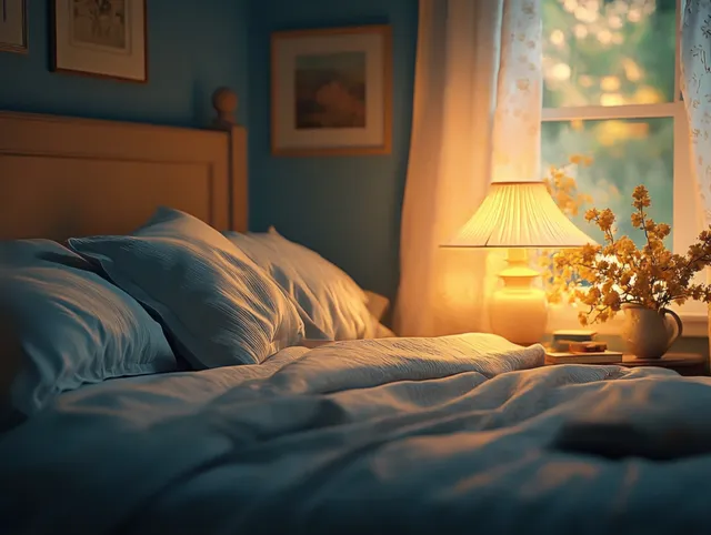 Sunset-lit bedroom with bedside lamp, neatly made bed, floral curtains, and flower vase