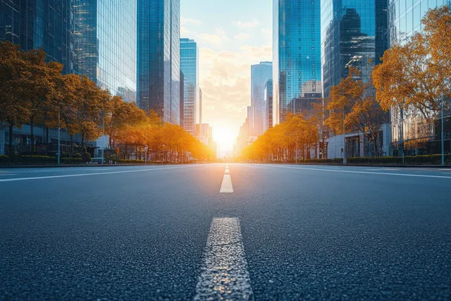 Empty downtown street leading toward tall glass skyscrapers with autumn trees lit by sunrise