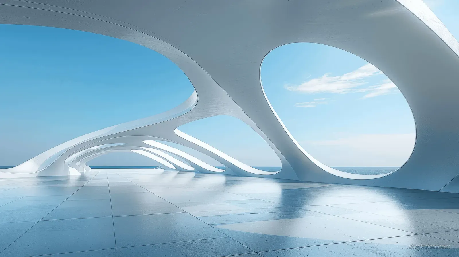 Futuristic white archway structures stand over an empty concrete floor with blue sky behind them.