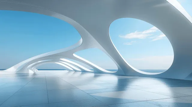Futuristic white archway structures stand over an empty concrete floor with blue sky behind them.