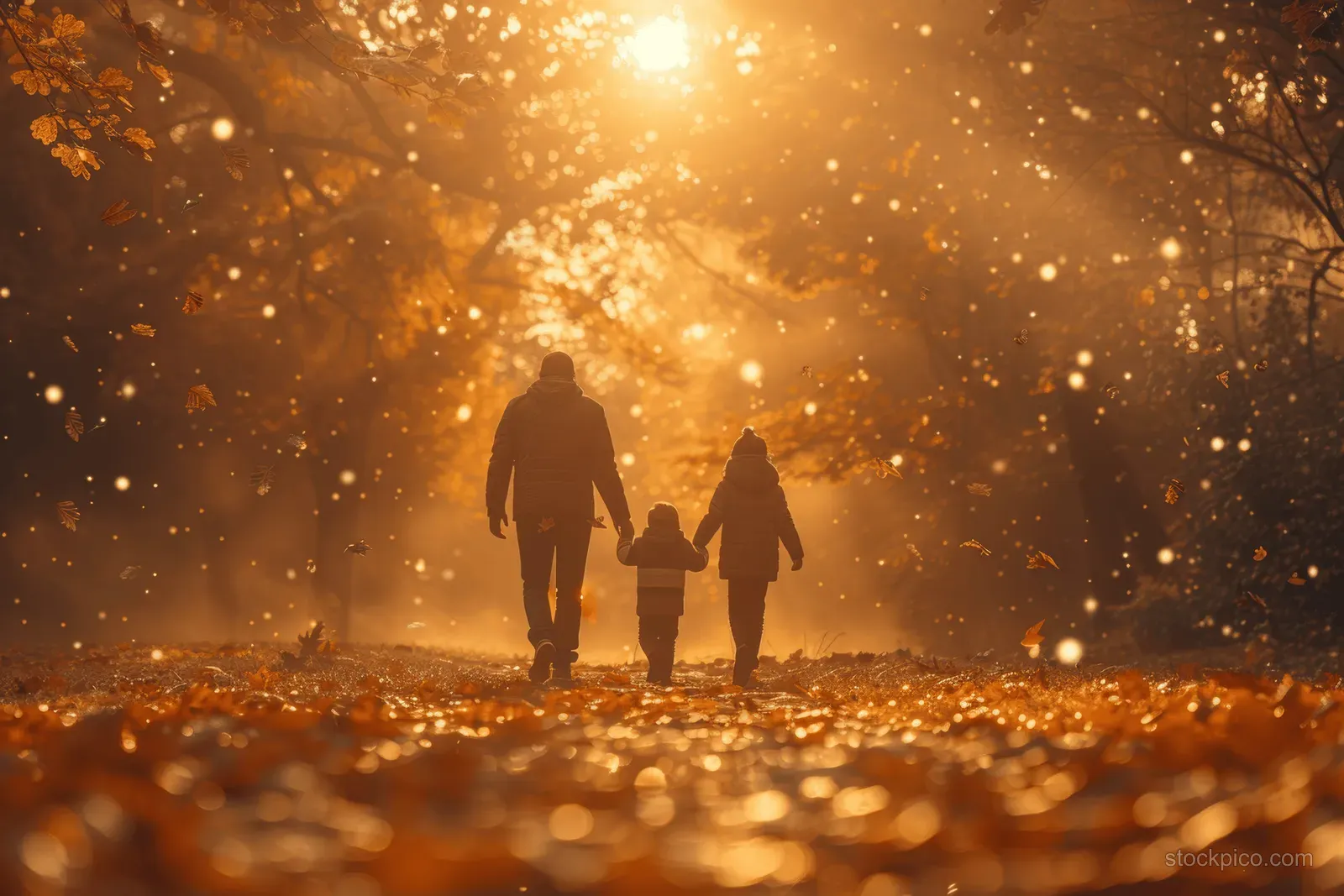 A family walks together on an autumn park path as golden sunrise light filters through falling leaves.