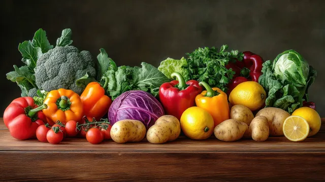 Assorted fresh vegetables and fruits arranged on rustic wooden table, moody dark background