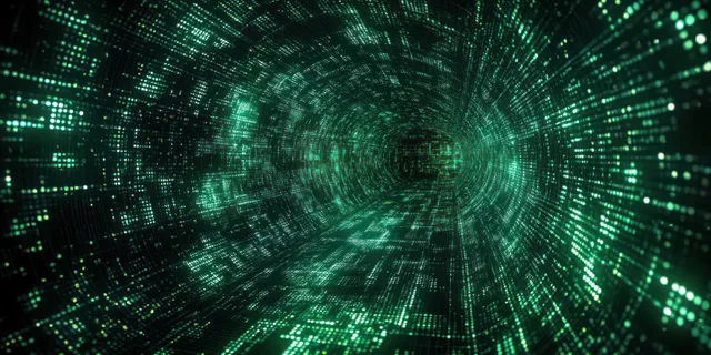 A glowing green digital tunnel filled with code symbols and binary patterns creates an immersive cyber network visualization.