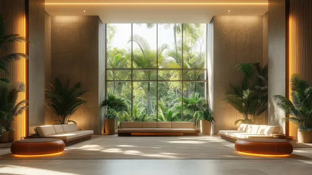 Warm-lit modern lobby with floor-to-ceiling windows and lush tropical indoor garden