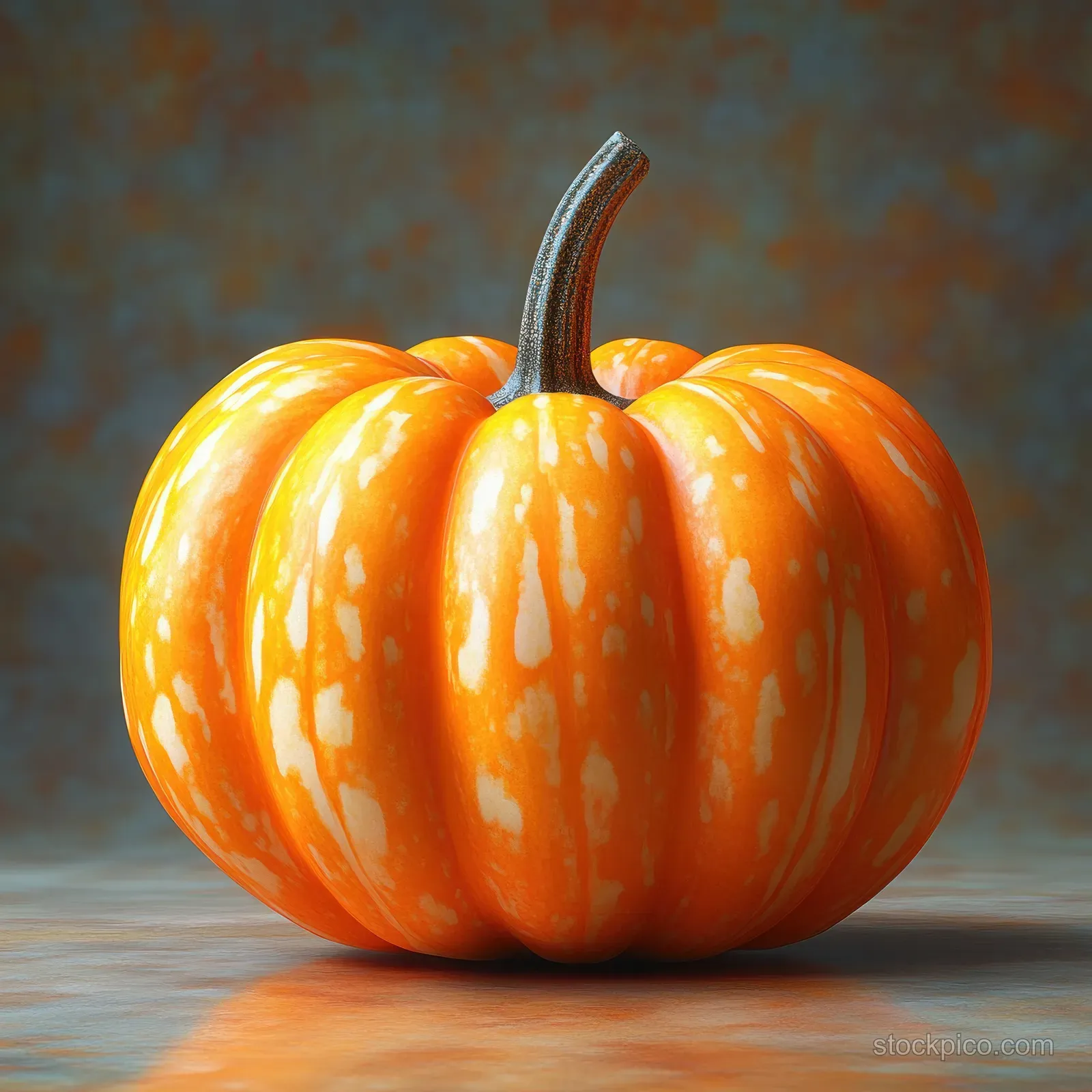 Orange pumpkin with white speckles and a curved brown stem resting on a textured surface.